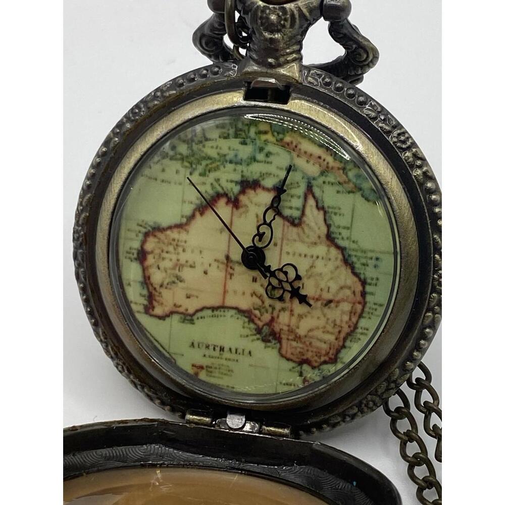 Ornate Vintage Bronze Tone Australia Map Pocket Watch Pendant Long Chain - Picture 2 of 4